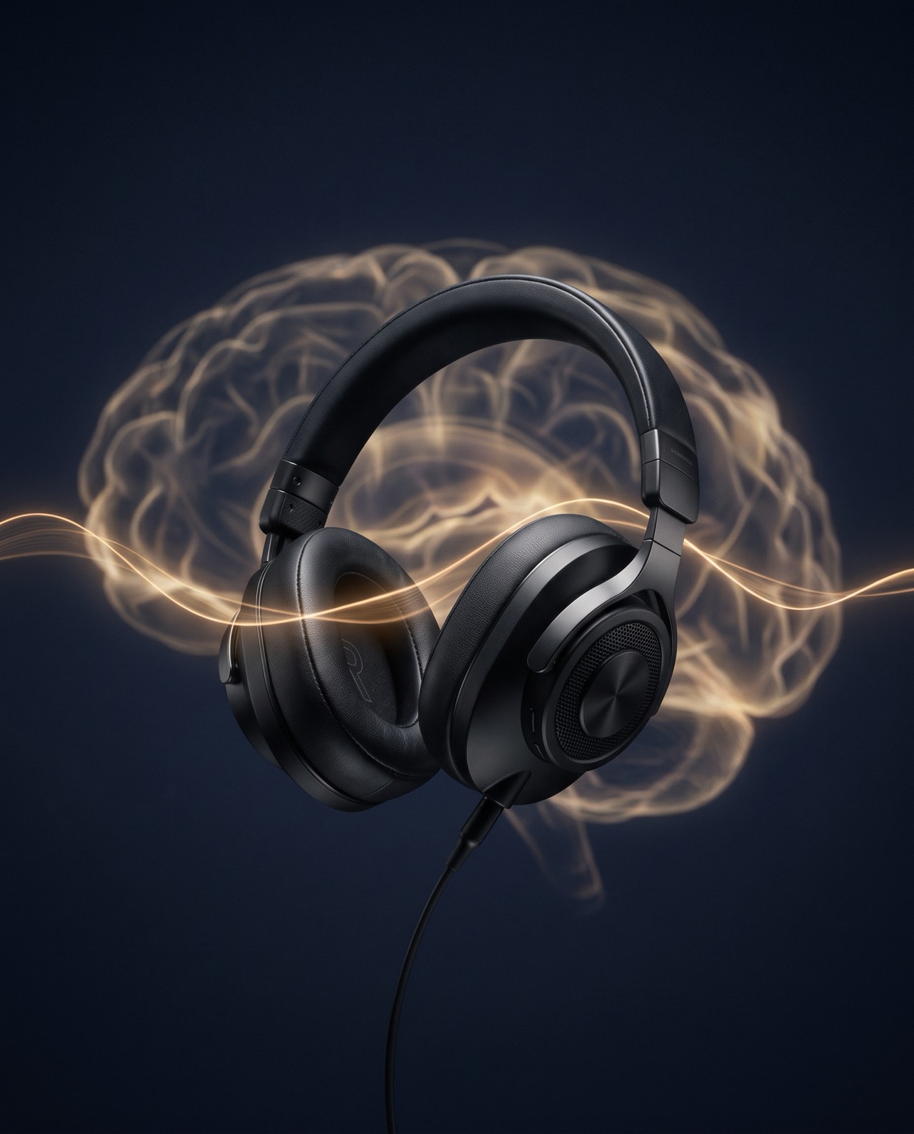 Black headphones with a faint golden waveform passing through a glowing brain shape on a dark blue background